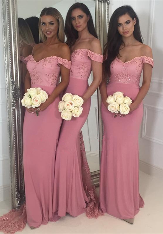 Off-the-Shoulder Pink Bridesmaid Dress | Sexy Trumpt Long Lace Bridesmaid Dresses UK