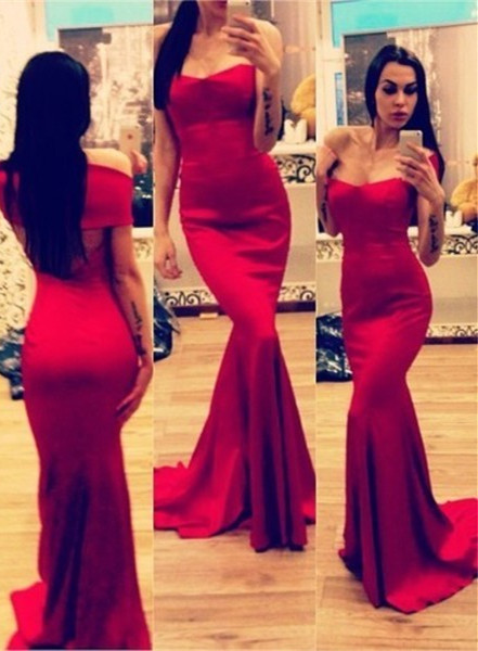 New Arrival Maid of Honor Dresses Off The Shoulder Open Back Red Sexy Trumpt Bridesmaid Dress