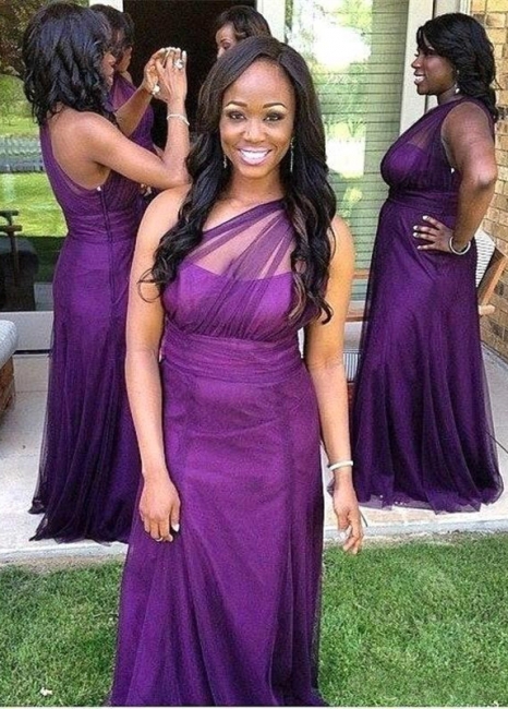 Elegant One Shoulder Purple Bridesmaid Dress Long Tulle Plus Size