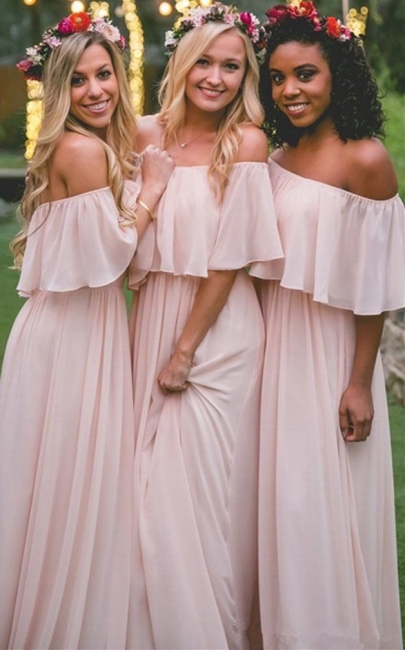 Baby Pink Off The Shoulder Bridesmaid Dresses UK Cheap | Chiffon Spring Bridesmaid Dress