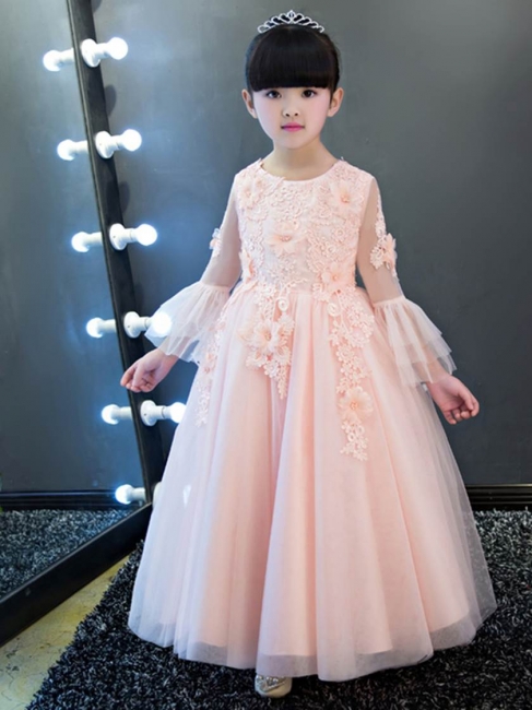 Cute Tulle Lace Long Sleeves Appliques UK Flower Girl Dress