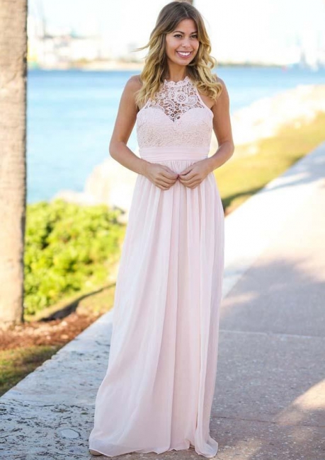 Open Back Pink Lace Chiffon Bridesmaid Dress | Sleeveless Spring Dresses for Maid Of Honor Cheap