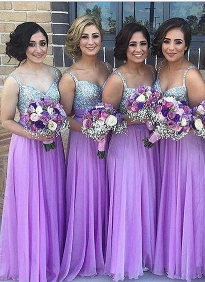 Lilac Long Bridesmaid Dresses UK Straps Chiffon Floor Length Maid of Honor Dresses