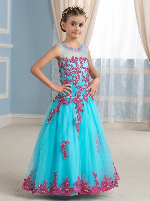 Cute Tulle Scoop Sleeveless Appliques UK Flower Girl Dress with Beading