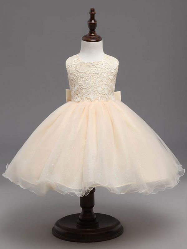 Cute Tulle Lace Scoop Sleeveless UK Flower Girl Dress with Bowknot