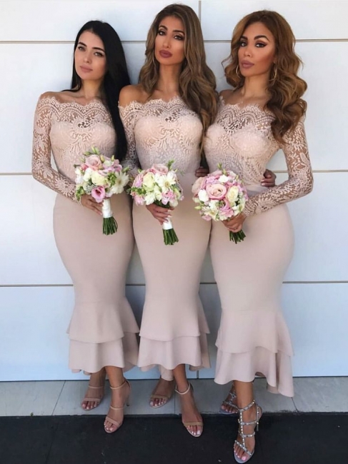 Long Sleeve Lace Bridesmaid Dresses UK Cheap | Short Column Ruffles Sexy Trumpt Formal Evening Dress