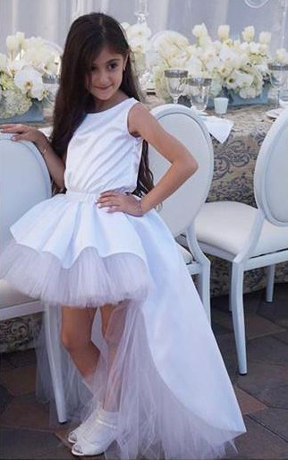Cute White Hi-Lo Tulle UK Flower Girl Dress Sweep Train Jewel