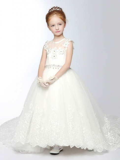 Tulle Scoop Appliques Ankle-Length UK Flower Girl Dress with Chapel Train