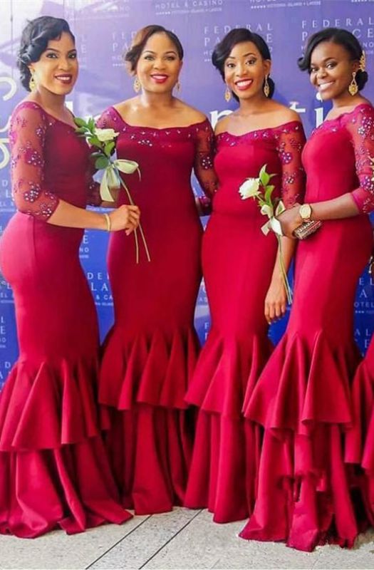 Elegant Long Sleeve Bridesmaid Dress | Sexy Trumpt Lace Fuchsia Maid of Honor Dress