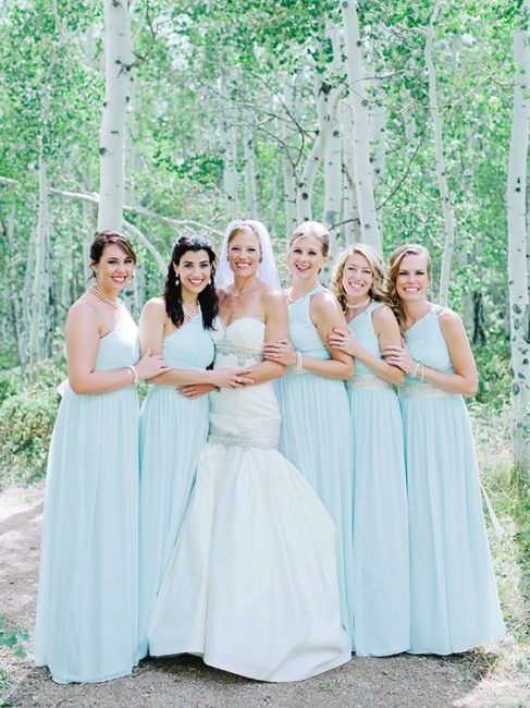 Modest Mint Green One-Shoulder Chiffon Long Wedding Party Bridesmaid Dresses UK