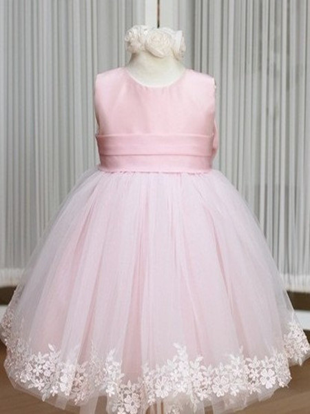 Pink UK Flower Girl Dresses Jewel Bow Sash Lace Appliques Cute Tulle A Line Pageant Dress