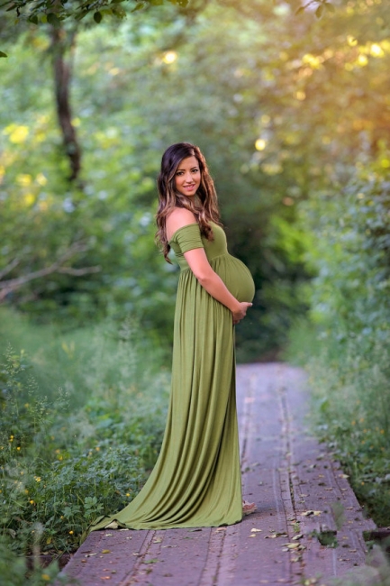 Sexy Off-the-shoulder Modest Front-Split Sweep-Train Maternity Bridesmaid Dress