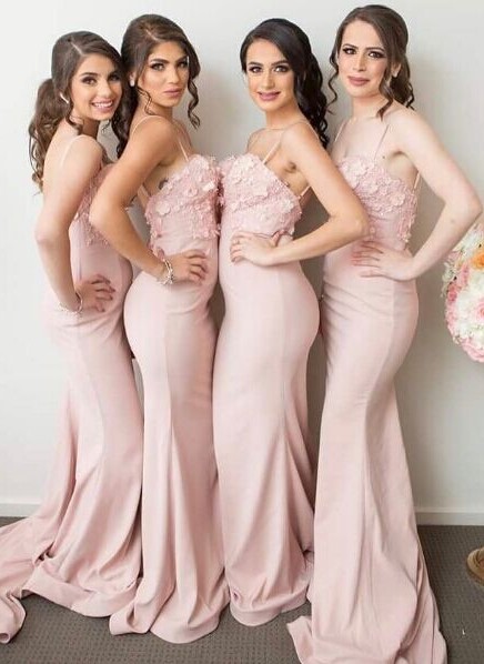 Pink Spaghettis-Straps Sexy Trumpt 3D-Floral-Appliques Bridesmaid Dresses UK