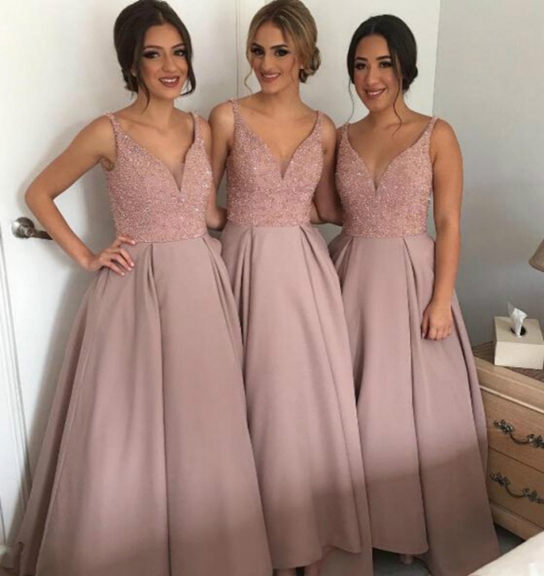 Cute Summer Soft Pink Beading Bridesmaid Dresses UK Natural Sleeveless Long Women Dresses BA4010