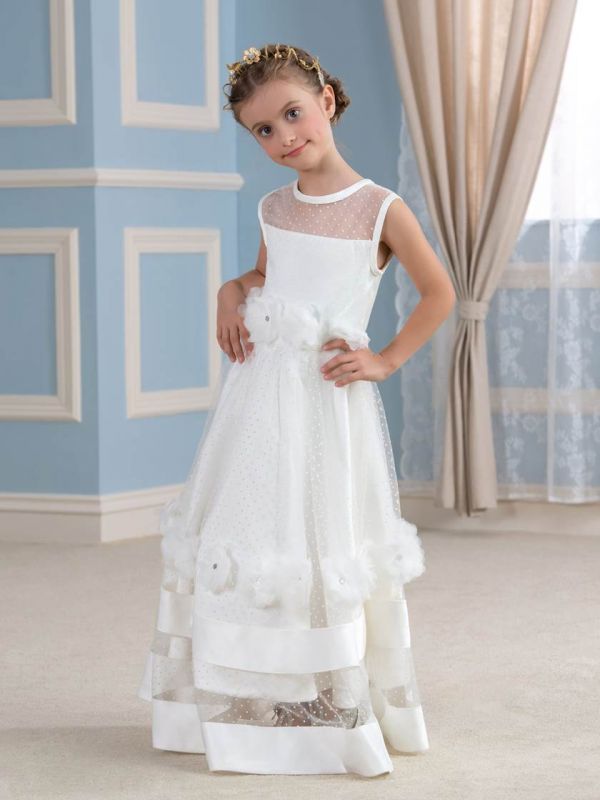 Cute Tulle Sheer Tulle Scoop Sleeveless UK Flower Girl Dress