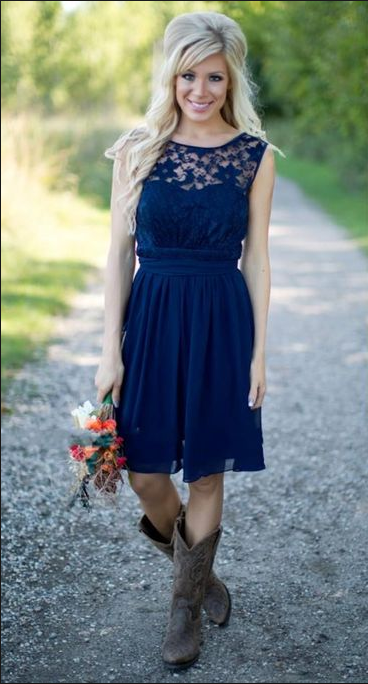 Navy Blue Lace Short Bridesmaid Dresses UK | Fall Long Wedding Party Dresses