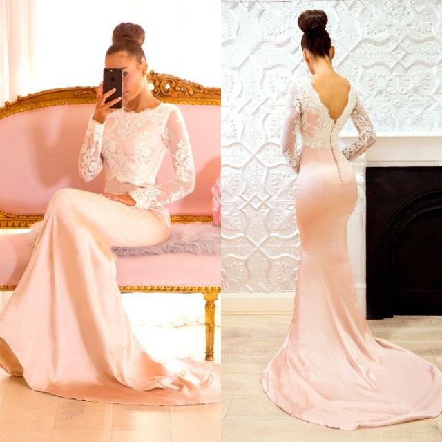 Long-Sleeve Lace Bridesmaid Dress | Sexy Trumpt Long Formal Wear