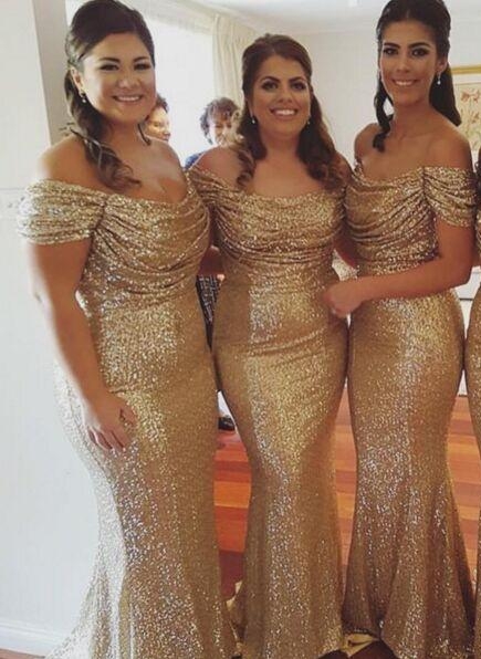 Off The Shoulder Gold Sequins Bridesmaid Dresses UK Sexy Trumpt Cheap Dresses for Maid of Honor BA3186