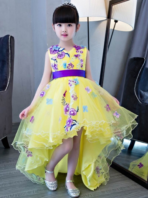 Modest Hi-Lo V-Neck Appliques UK Flower Girl Dress with Embroidery