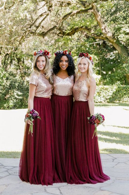 Long Sequin Bridesmaid Dresses UK, chiffon Burugndy Bridesmaid Dress