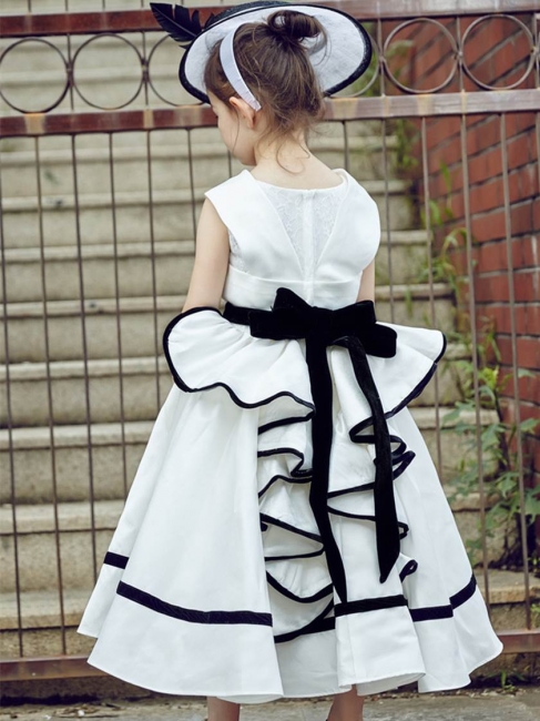 V-Neck Zipper-Up Bowknot Tea-Length UK Flower Girl Dress