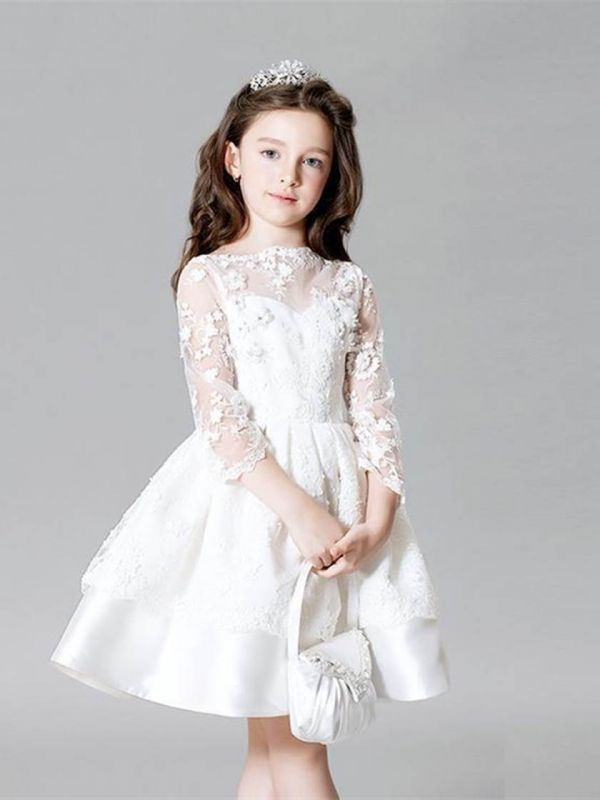 Modest Lace Bateau Appliques UK Flower Girl Dress with 3/4 Length Sleeves