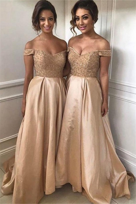 Off The Shoulder Bridesmaid Dresses UK Champagne Gold Sequins Dress for Maid of Honor BA8374