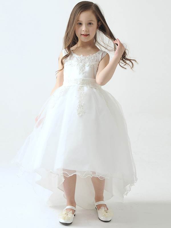 Hi-Lo Lace Tulle Tea-Length UK Flower Girl Dress with Appliques