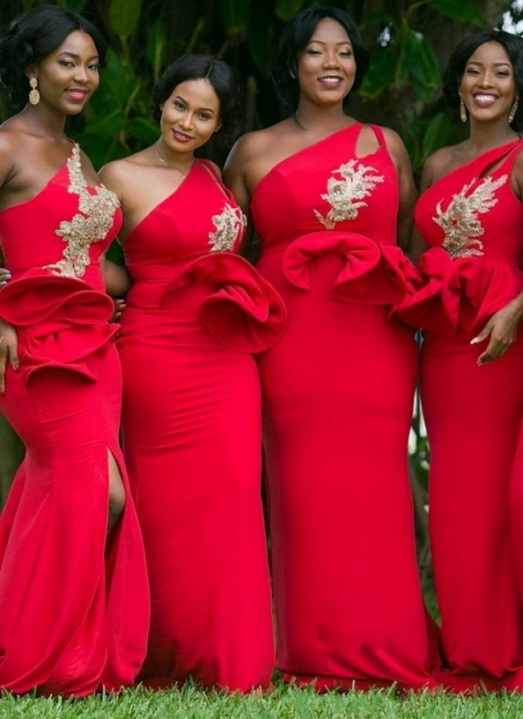 One-Shoulder Red Bridesmaid Dresses UK Plus Size Sexy Trumpt Wedding Party Dress