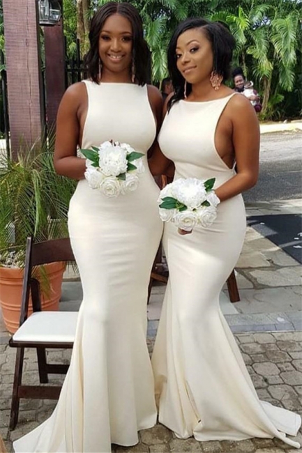 Sleeveless Spring White Bridesmaid Dress | Cheap Sexy Trumpt Maid of Honor Dress 2019