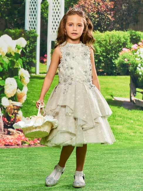 Modest Lace Jewel Sleeveless UK Flower Girl Dress with Appliques