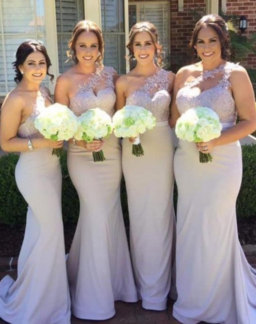 Elegant Sexy Trumpt Bridesmaid Dresses UK | One-Shoulder Lace Long Wedding Party Dresses