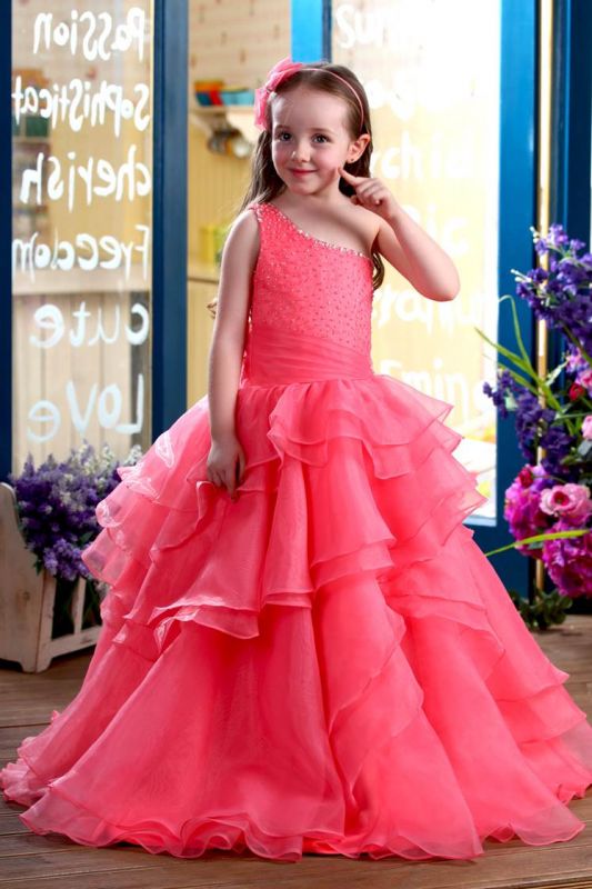 Modest Organza One-Shoulder Ruffles Long UK Flower Girl Dress