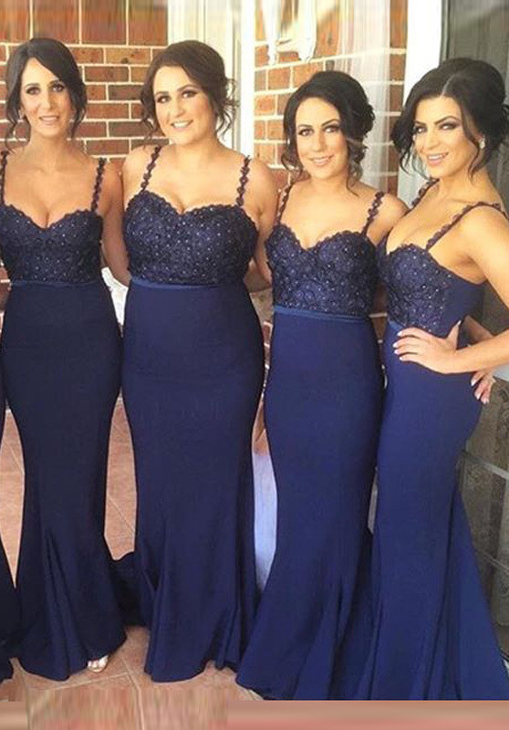 Cute Navy Spaghetti Strap Bridesmaid Dress Lace Beadings Long Wedding Party Dress