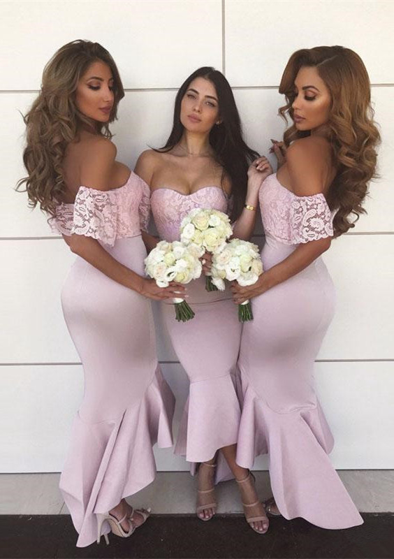 Modest Lace Off-the-shoulder Sexy Trumpt Bridesmaid Dress | Asymmetrical Bridesmaid Dress