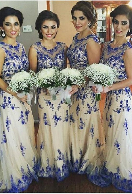 Newest Lace Appliques Illusion Bridesmaid Dress Sweep Train