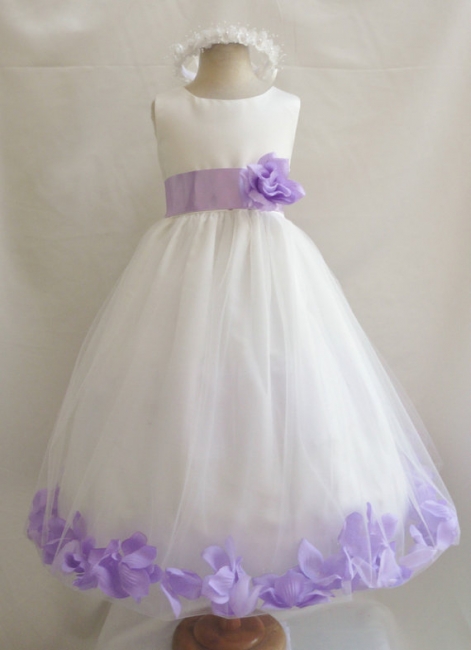 White Tulle Modest UK Flower Girl Dresses Floor Length Party Dress with Handmade Flowers