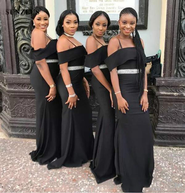 Modest Black Strapless Bridesmaid Dresses UK | Spaghettis Straps Beading Belt Wedding Party Dress