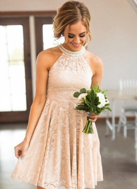 Nude Lace Short Bridesmaid Dresses UK | Pearls Halter Neck Maid of the Honor Dress