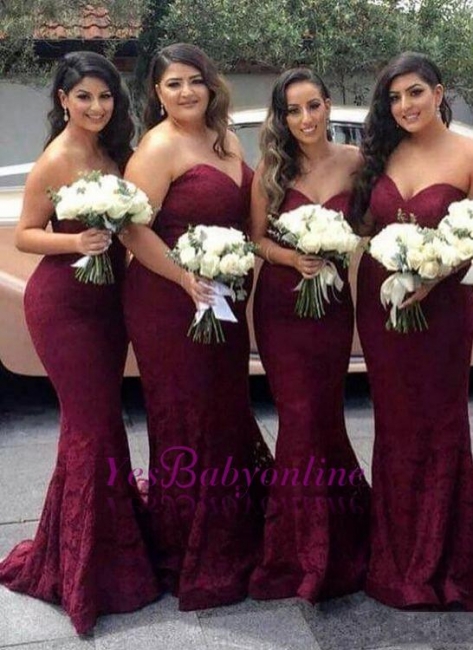 Sweetheart-Neck Burgundy Lace Sexy Trumpt Long Bridesmaid Dress On Sale