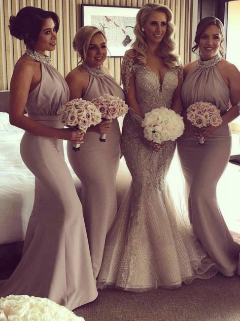 Elegant Halter Sexy Trumpt Bridesmaid Dresses UK | Spring Pleats Off-the-Shoulder Wedding Party Dresses