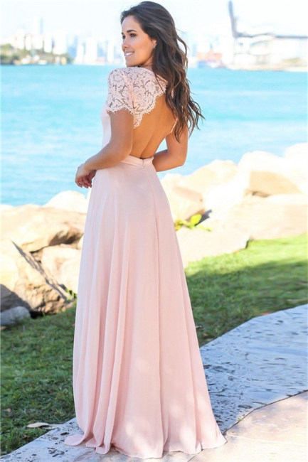 Spring Open Back Pink Bridesmaid Dresses UK Cheap | Chiffon Short Lace Sleeves Formal Evening Dresses