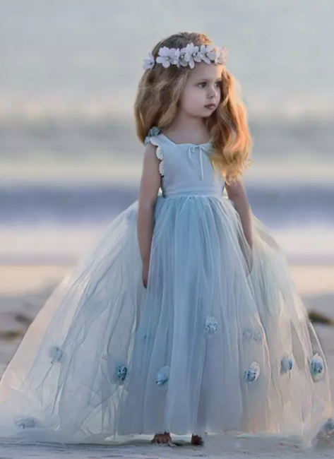 Romantic Princess Flower Girl's Dresses UK | Light Sky Blue Puffy Long Girl's Party Dress