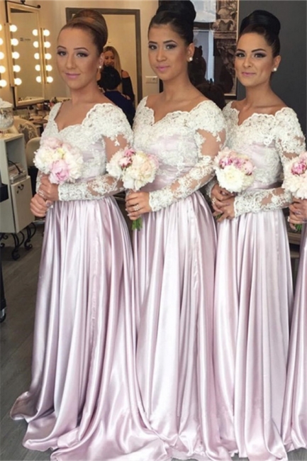 White-Lace V-neck Long-Sleeve Pink Elegant Popular Bridesmaid Dress On Sale