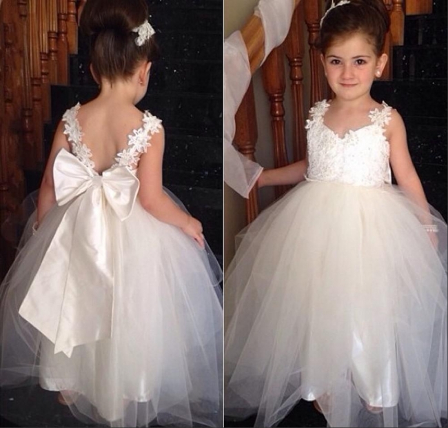 Cute Lace Tulle Backless Bowknot White UK Flower Girl Dresses