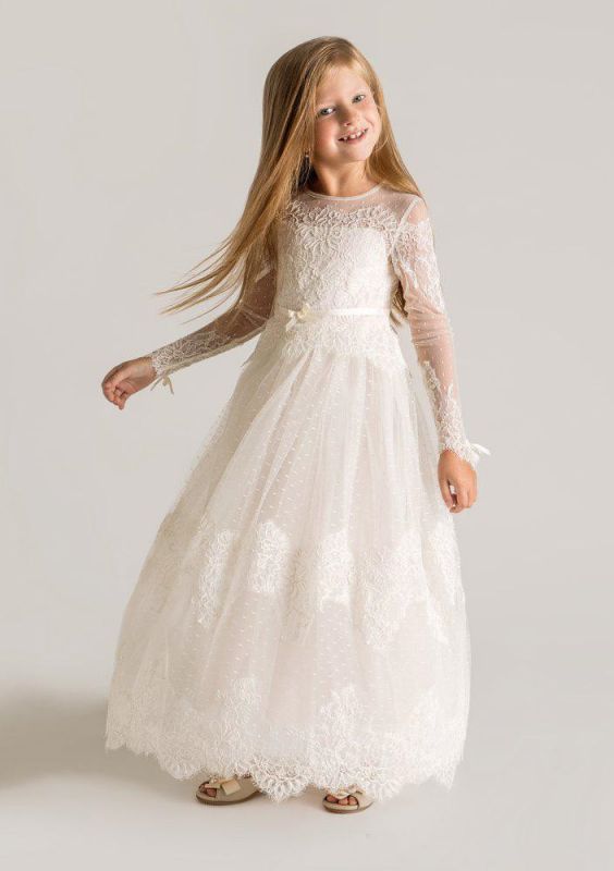 Modern Tulle Lace Modest UK Flower Girl Dress | Long Sleeve Girls Pageant Dress