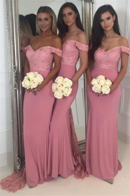 Beads Lace Off The Shoulder Cheap Bridesmaid Dress | Open Back Spring Pink Maid of Honor Dresses BA9882