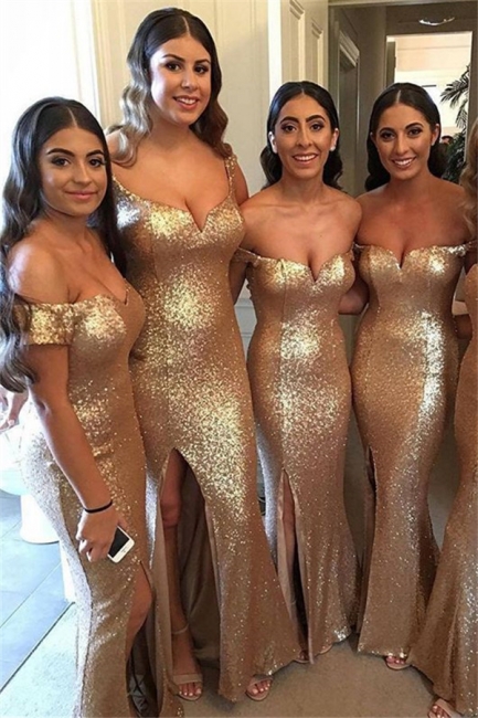 Spring Gold Sequined Long Bridesmaid Dresses UK | Side Slit Cheap Bridesmaid Dress