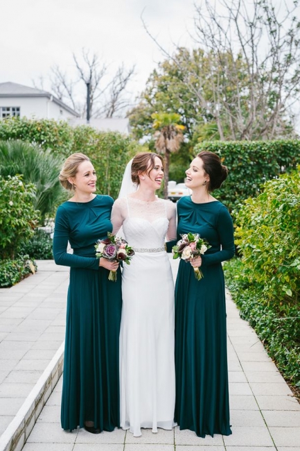 Elegant Turquoise Jersey Jewel Lang-Sleeve Floor-length Bridesmaid Dresses UK
