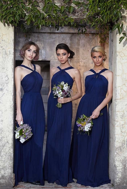 Modern Halter Royal Blue Long Chiffon Wedding Party Bridesmaid Dress